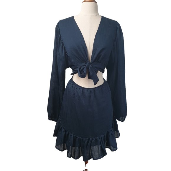 Showpo NWT | Size 10 | Long Sleeve Front Tie Up Consideration Mini Dress Lined - Picture 4 of 13